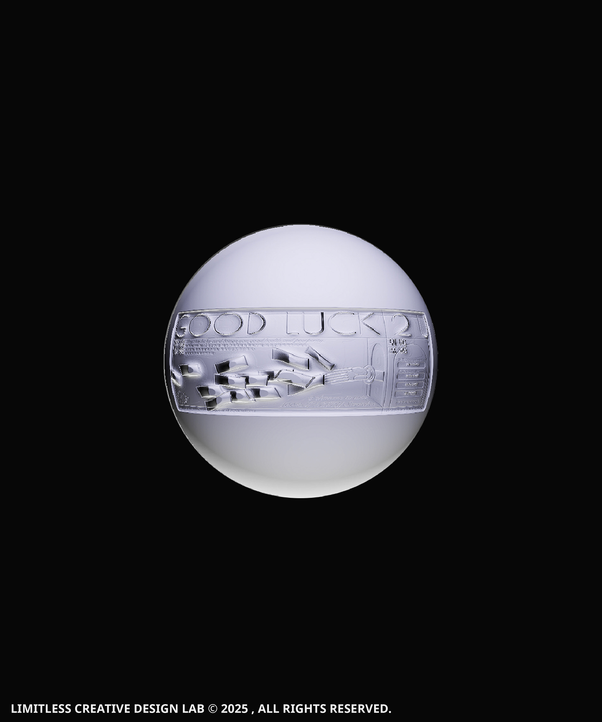 A spherical graphic containing Good Luck card imagery against a black background.