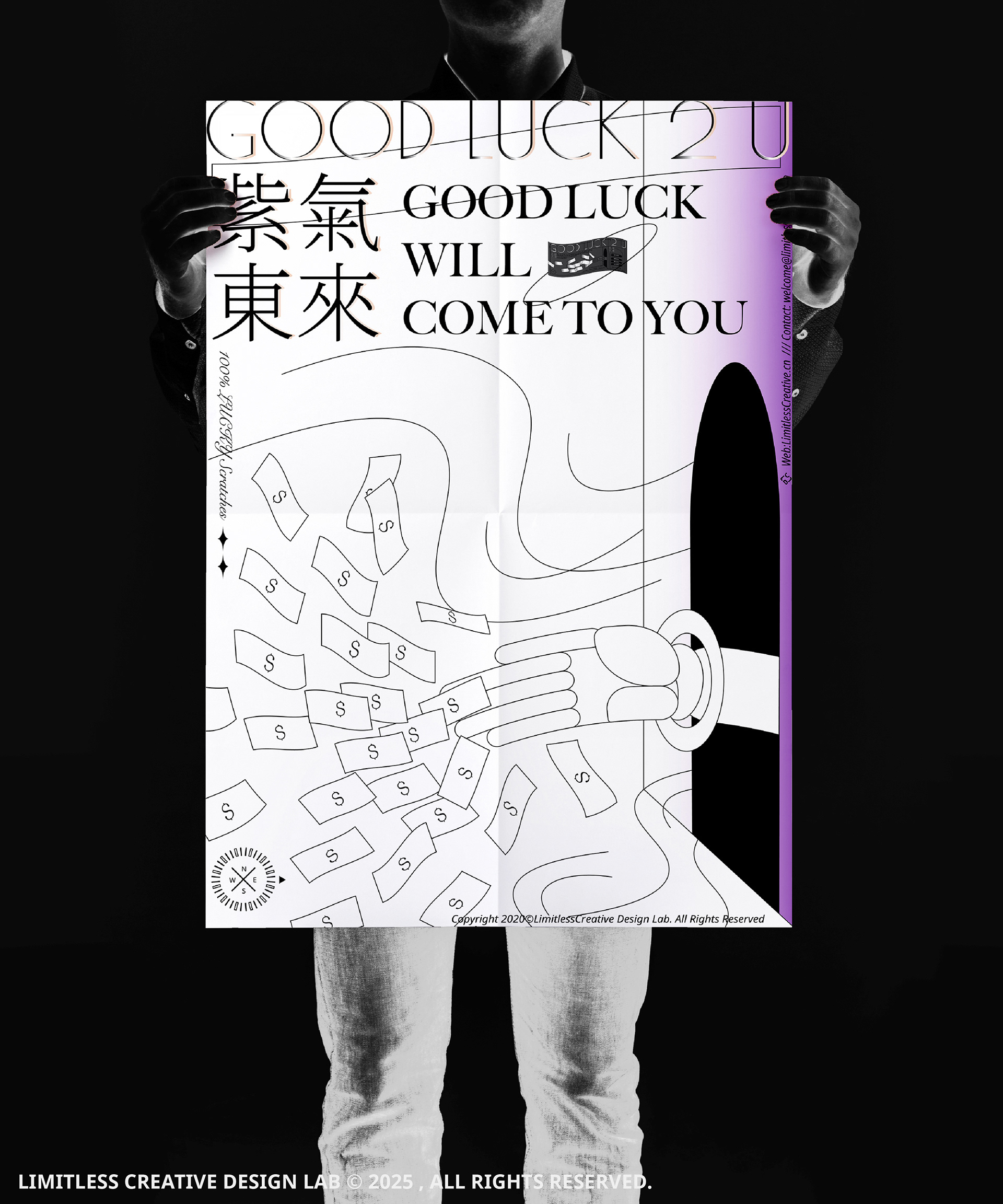 A presentation showing a person holding a large Good Luck typographic poster.