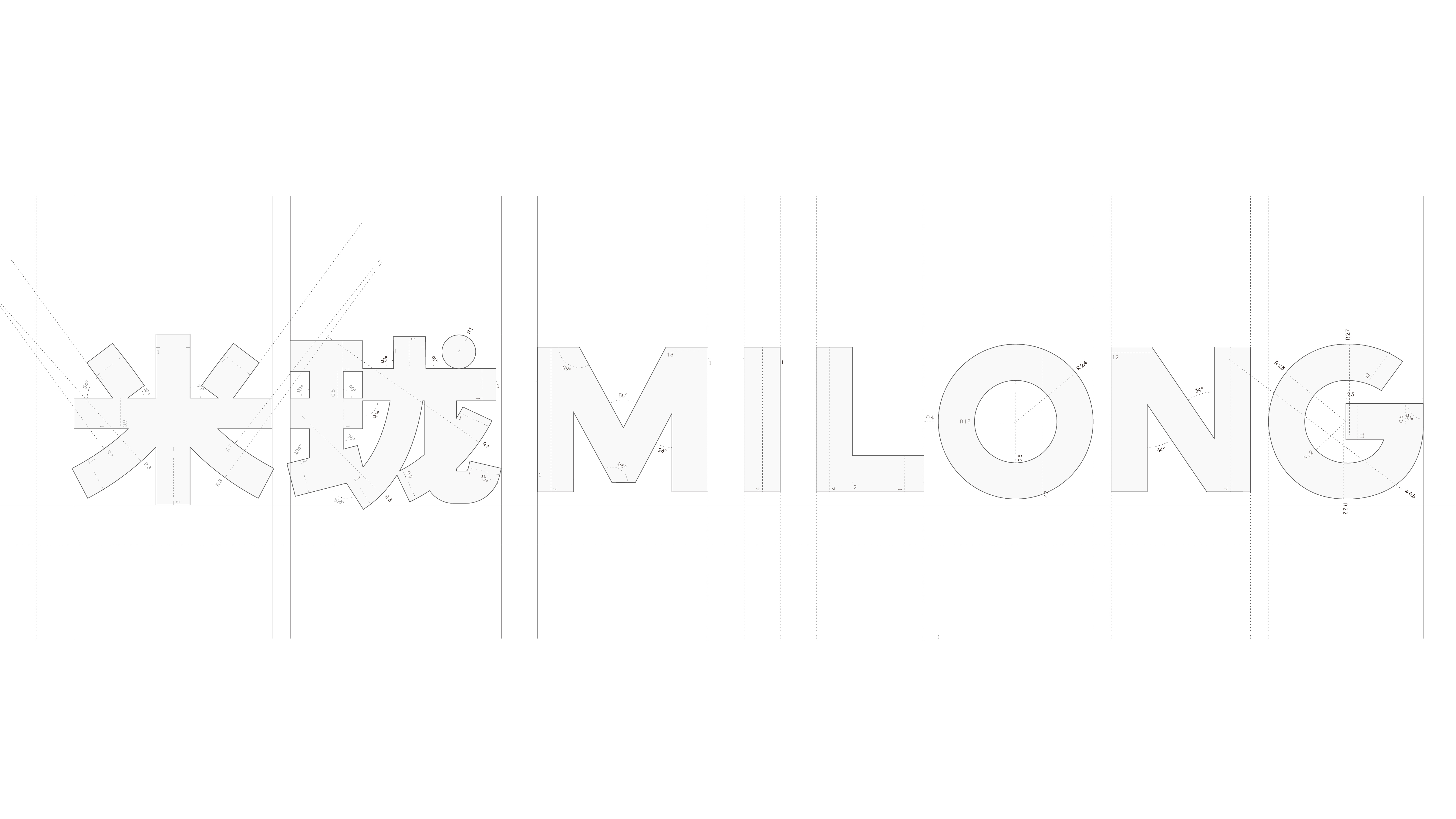 Construction grid for the MILONG Chinese and Latin wordmarks, showing proportions, curves and geometric guides.