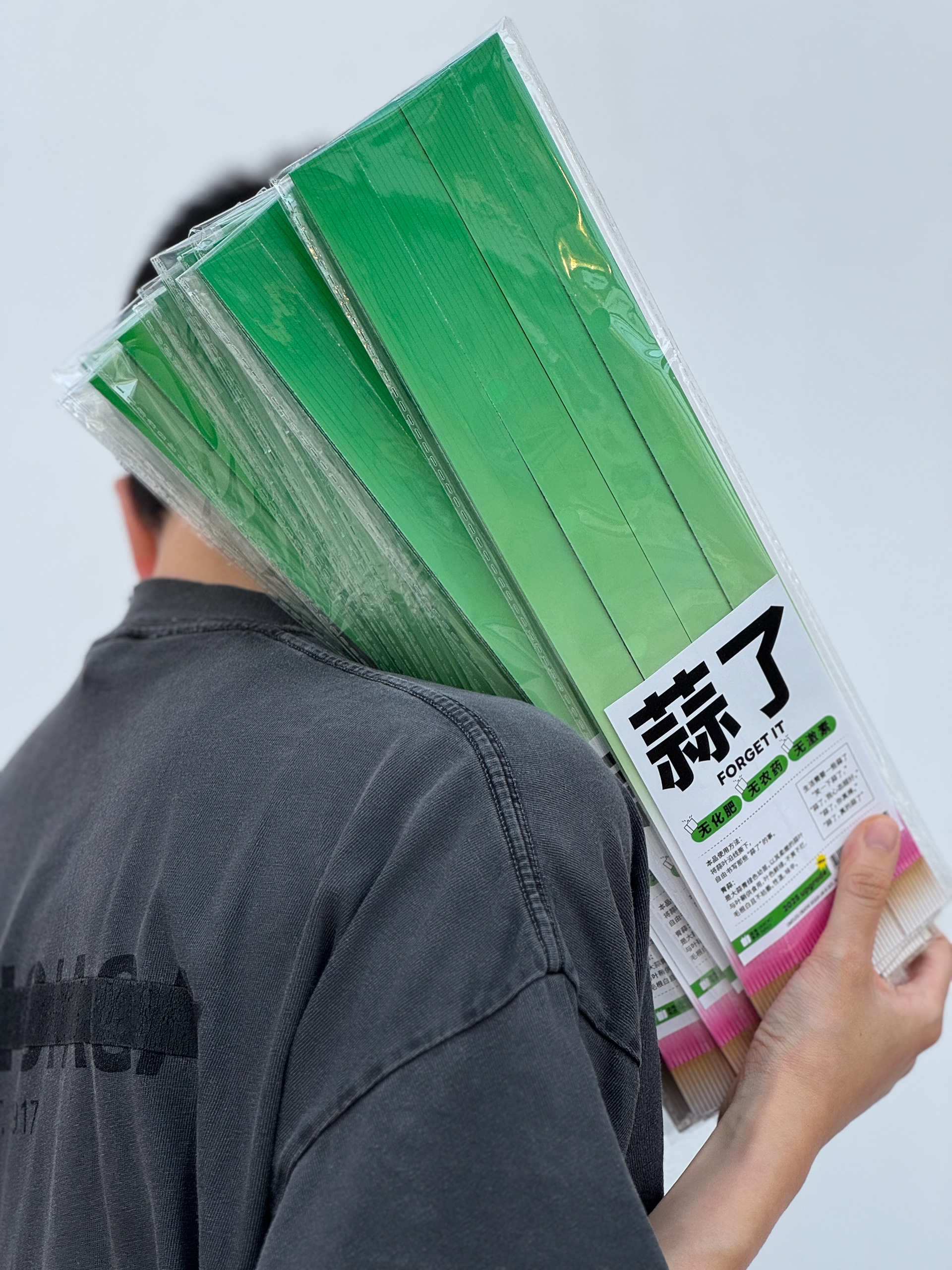 A person holding several green Vegetable Notes pads.