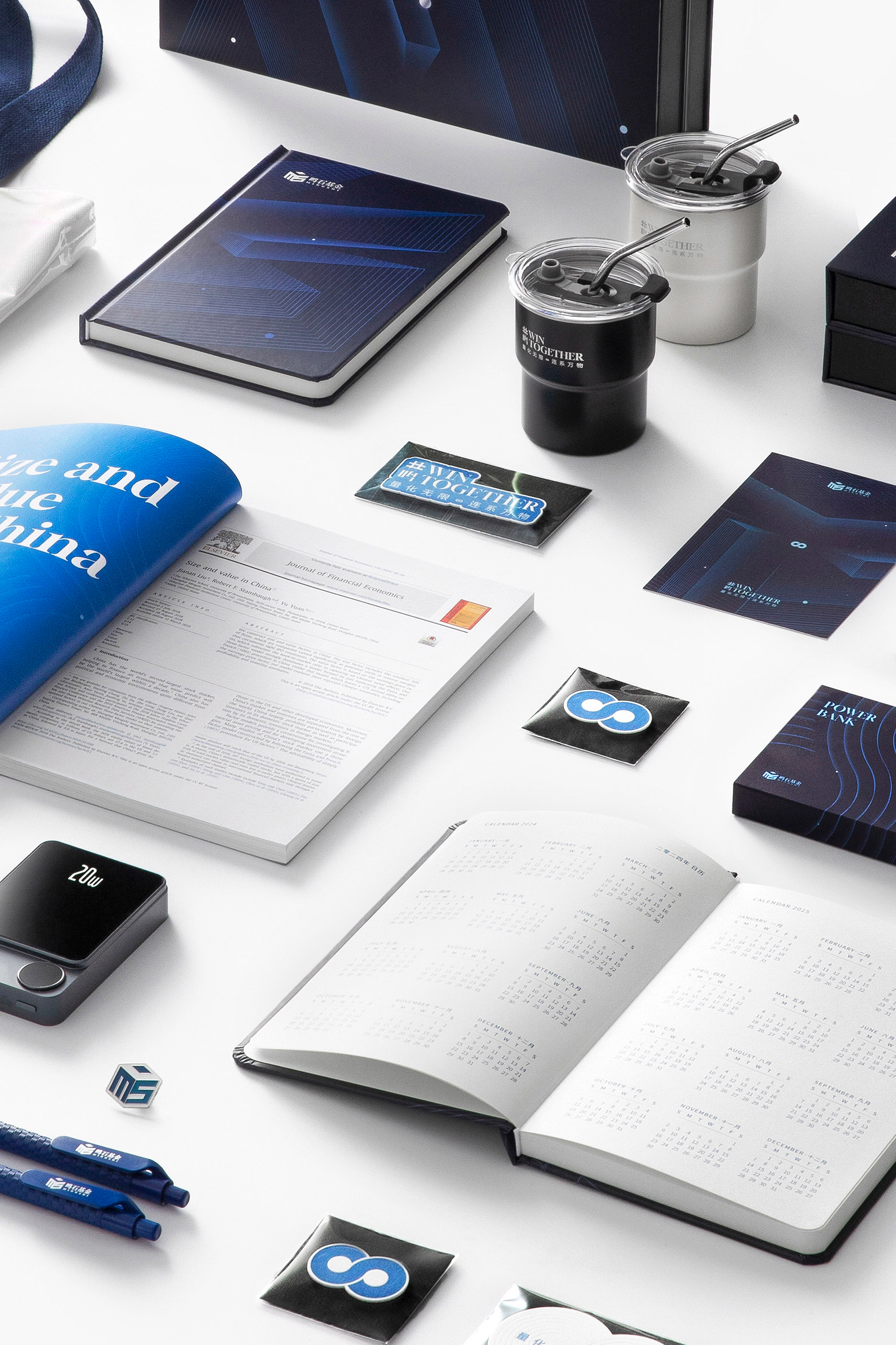 A Win Together notebook and other branded items.